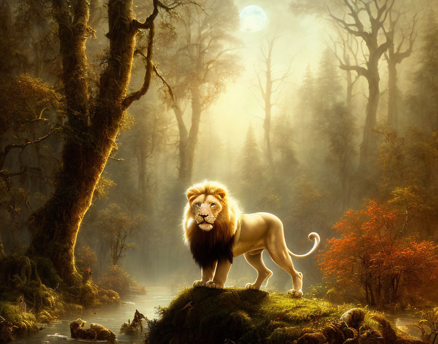 Majestic lion on mossy rock in fog-lit forest with pale moon