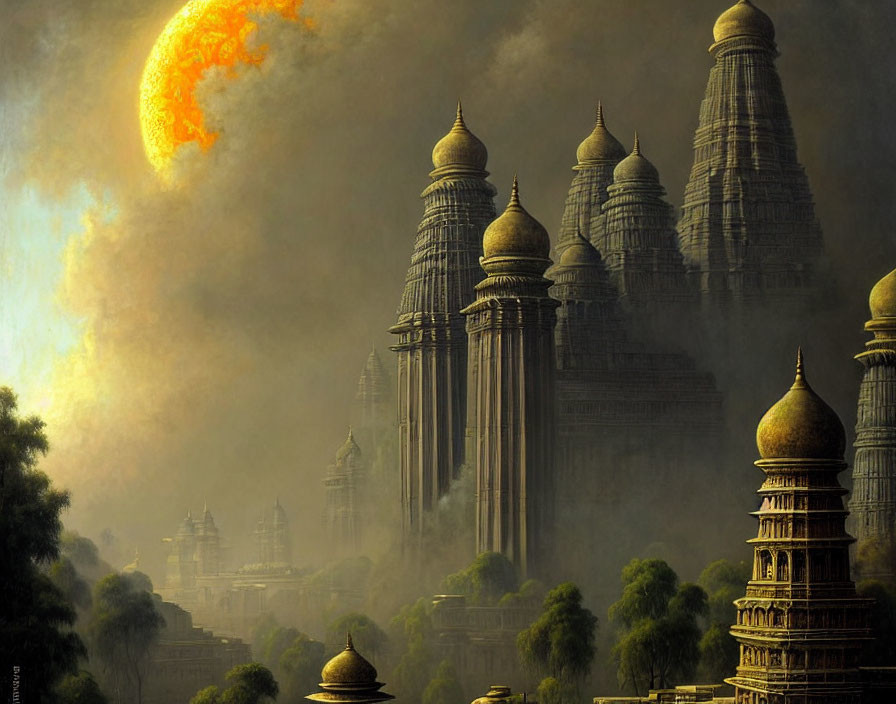 Fantasy landscape with misty forest, spired temples, and eclipsed sun