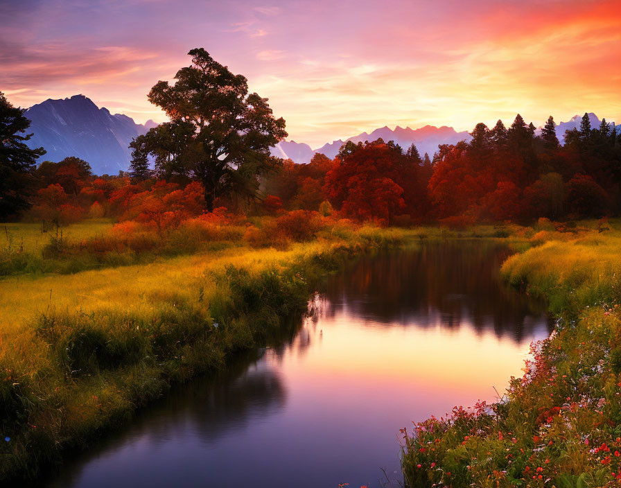 Tranquil sunset scene with orange and pink skies reflected in river amid lush greenery and autumn trees