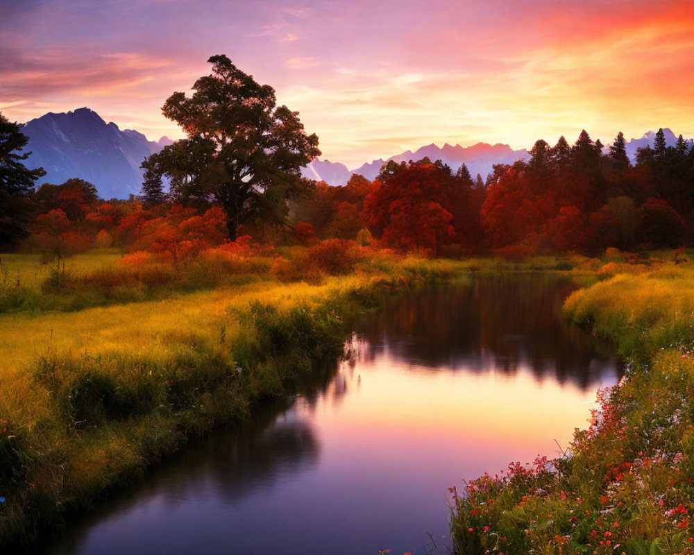 Tranquil sunset scene with orange and pink skies reflected in river amid lush greenery and autumn trees