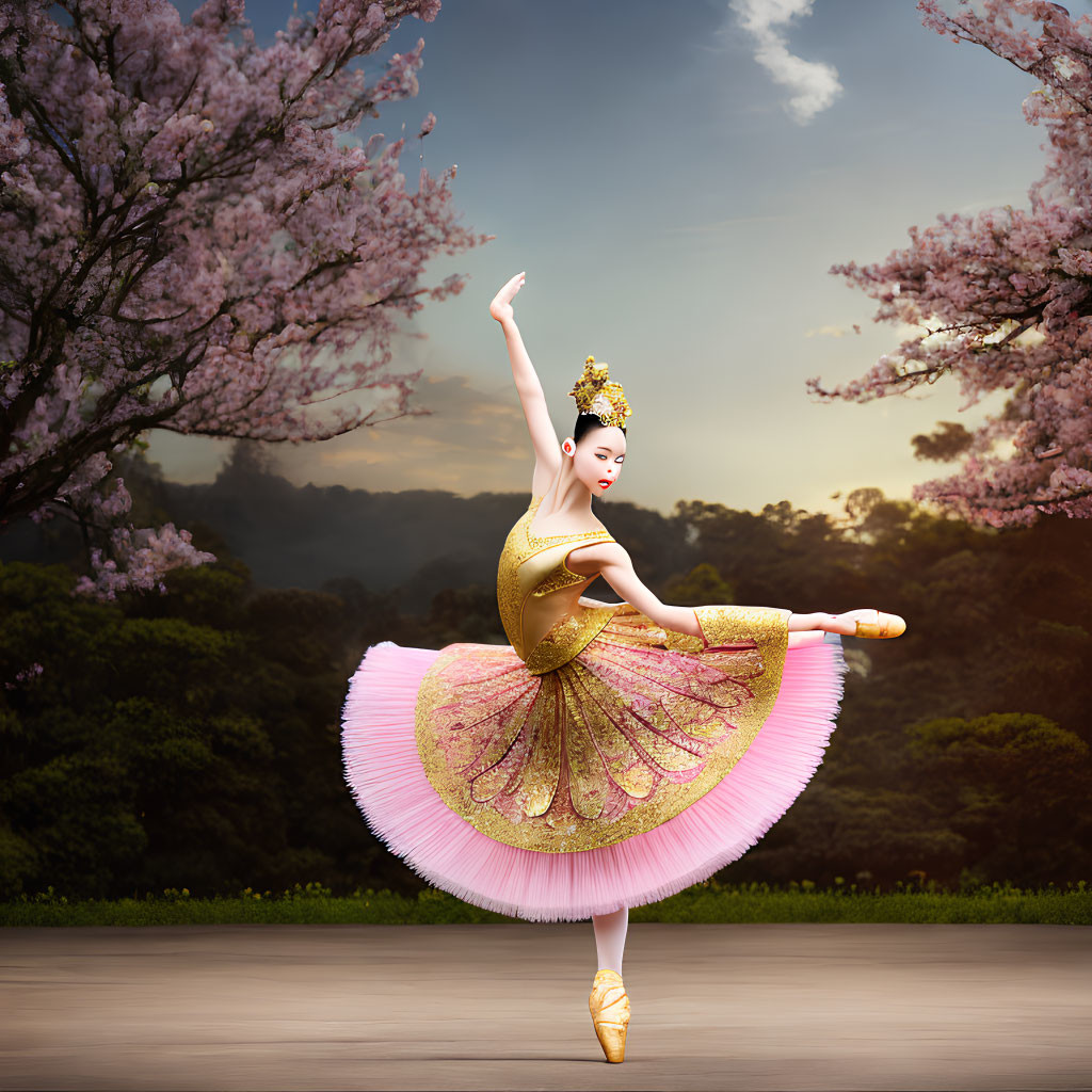 Golden costume ballerina gracefully poses with cherry blossoms.