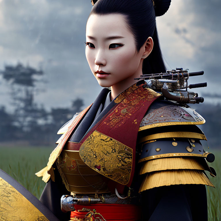 Asian Warrior Woman in Traditional Armor with Crossbow Portrait