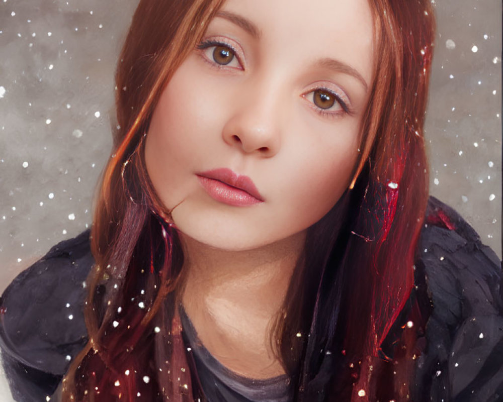 Young girl with auburn hair in black coat in snowy setting