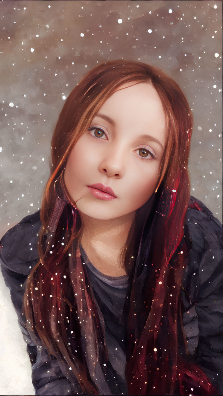 Young girl with auburn hair in black coat in snowy setting