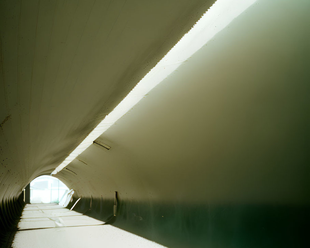 Sloped ceiling corridor with patterned sunlight shadows