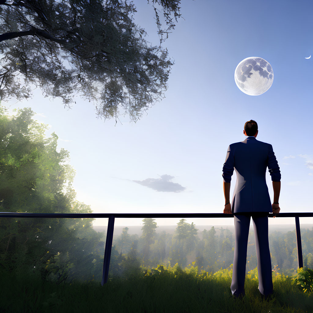 Man in suit gazes at large moon over lush forest on clear twilight sky