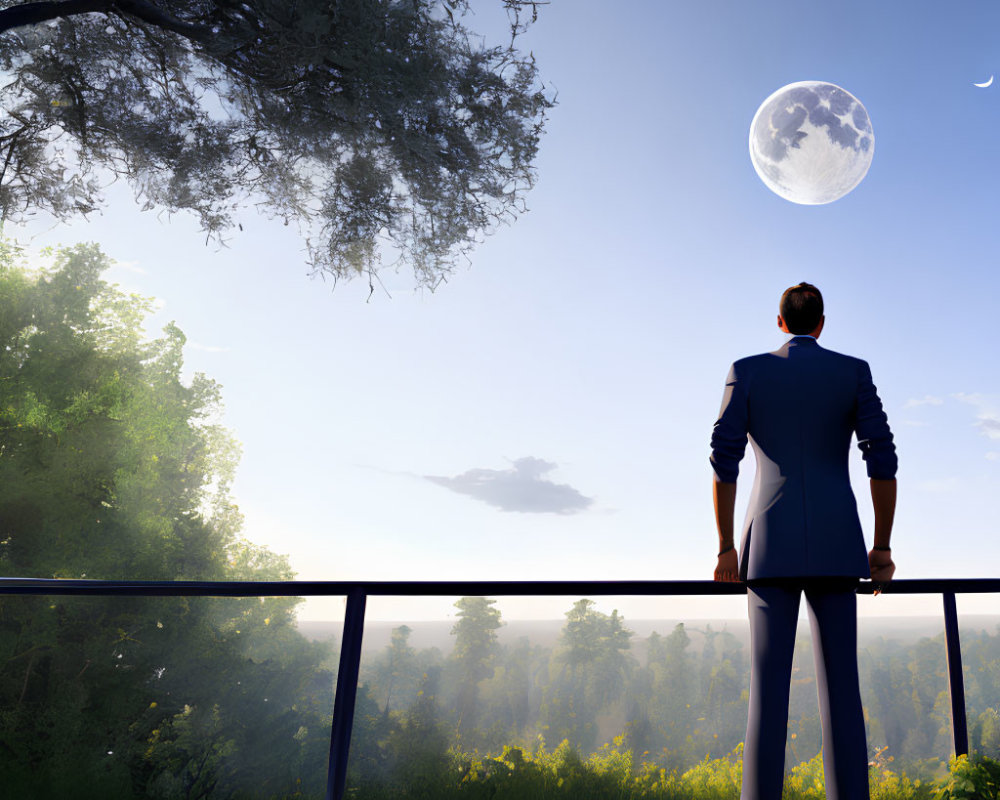 Man in suit gazes at large moon over lush forest on clear twilight sky