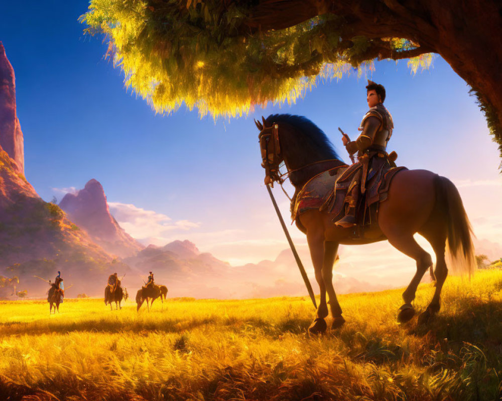 Horseback rider observing others in sunlit field with rock formations