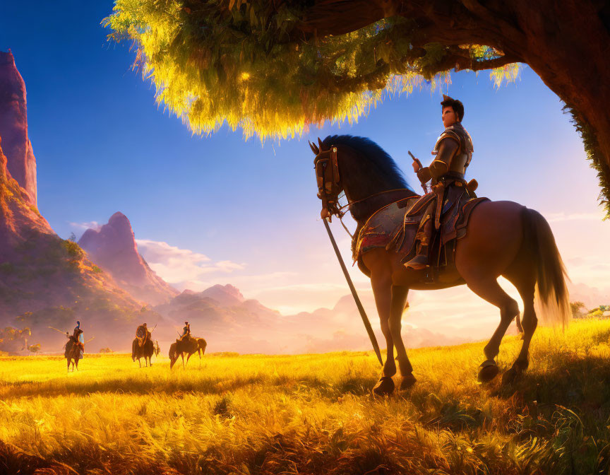 Horseback rider observing others in sunlit field with rock formations