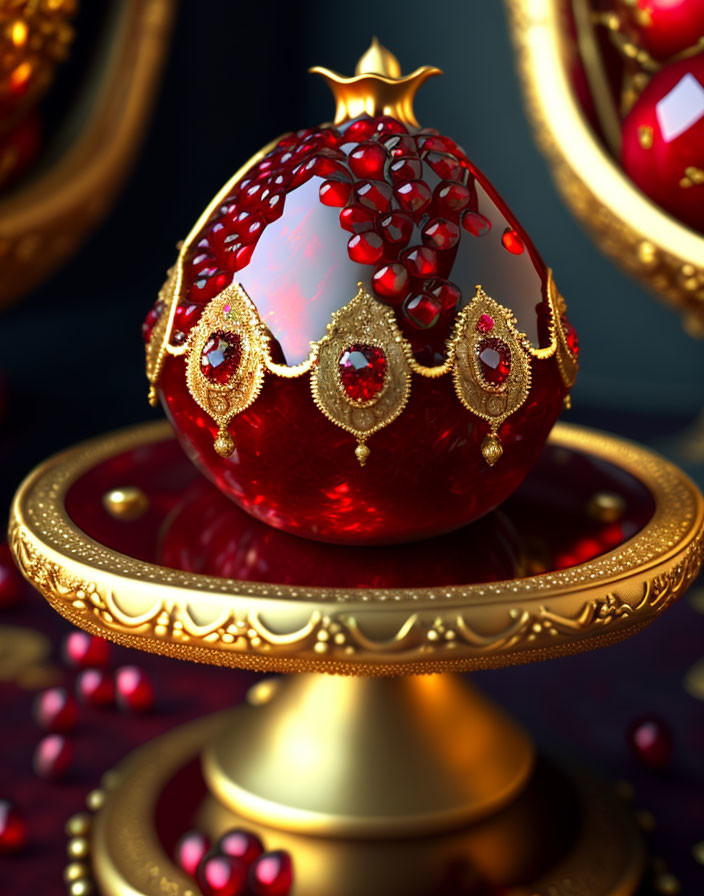 Luxurious Red and Gold Jeweled Egg with Intricate Patterns and Gemstones