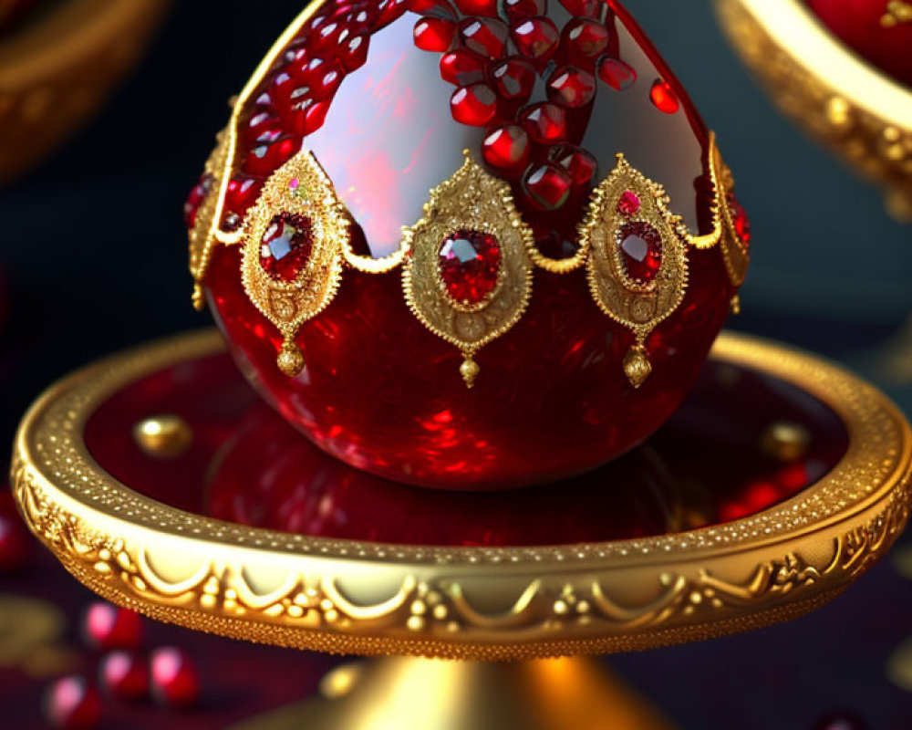 Luxurious Red and Gold Jeweled Egg with Intricate Patterns and Gemstones