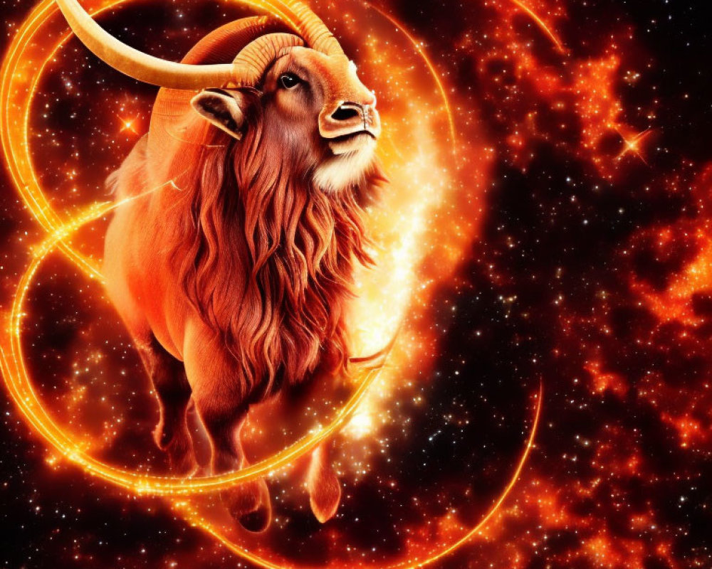 Golden Ram with Curved Horns on Fiery Cosmic Background and Glowing Orange Rings