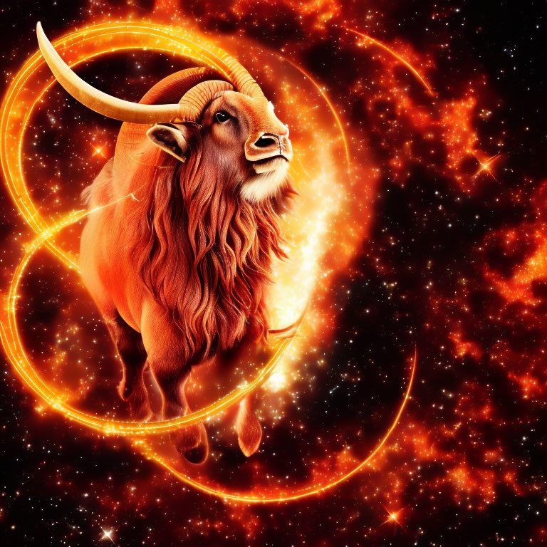 Golden Ram with Curved Horns on Fiery Cosmic Background and Glowing Orange Rings