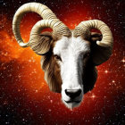 Golden Ram with Curved Horns on Fiery Cosmic Background and Glowing Orange Rings