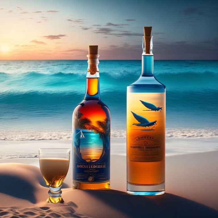 Sunset beach scene with two liquor bottles, glass of golden liquid, and ocean waves.