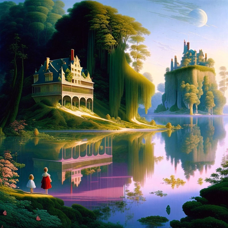 Tranquil fantasy landscape with house, castle, moon, and figures