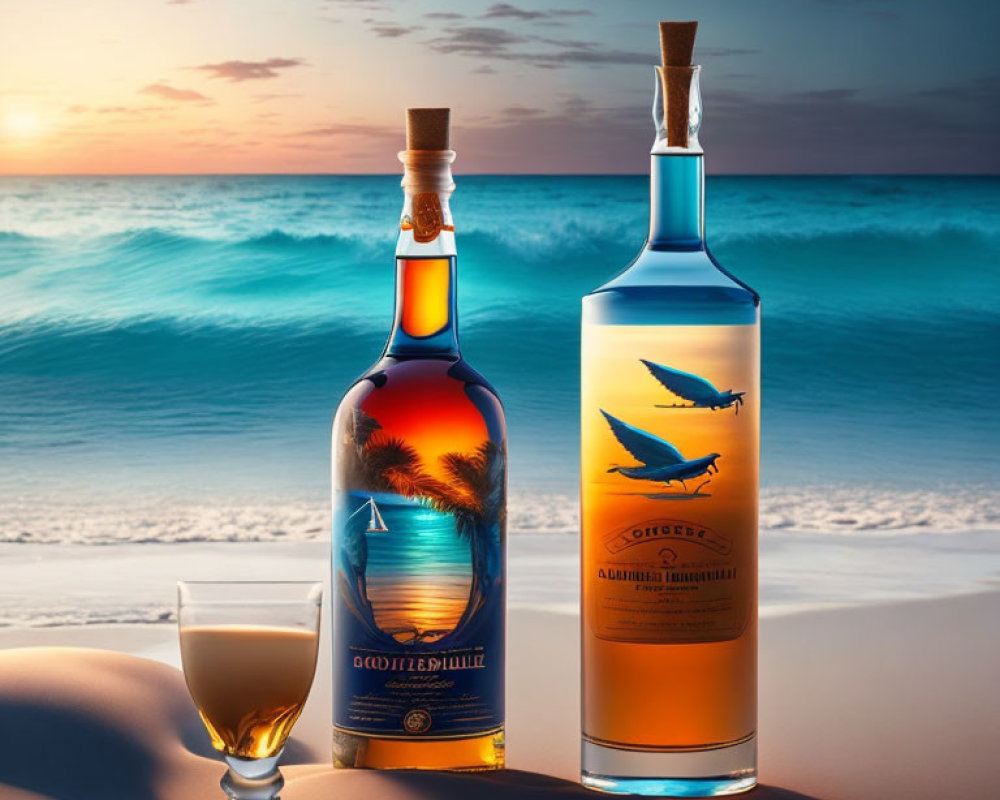 Sunset beach scene with two liquor bottles, glass of golden liquid, and ocean waves.