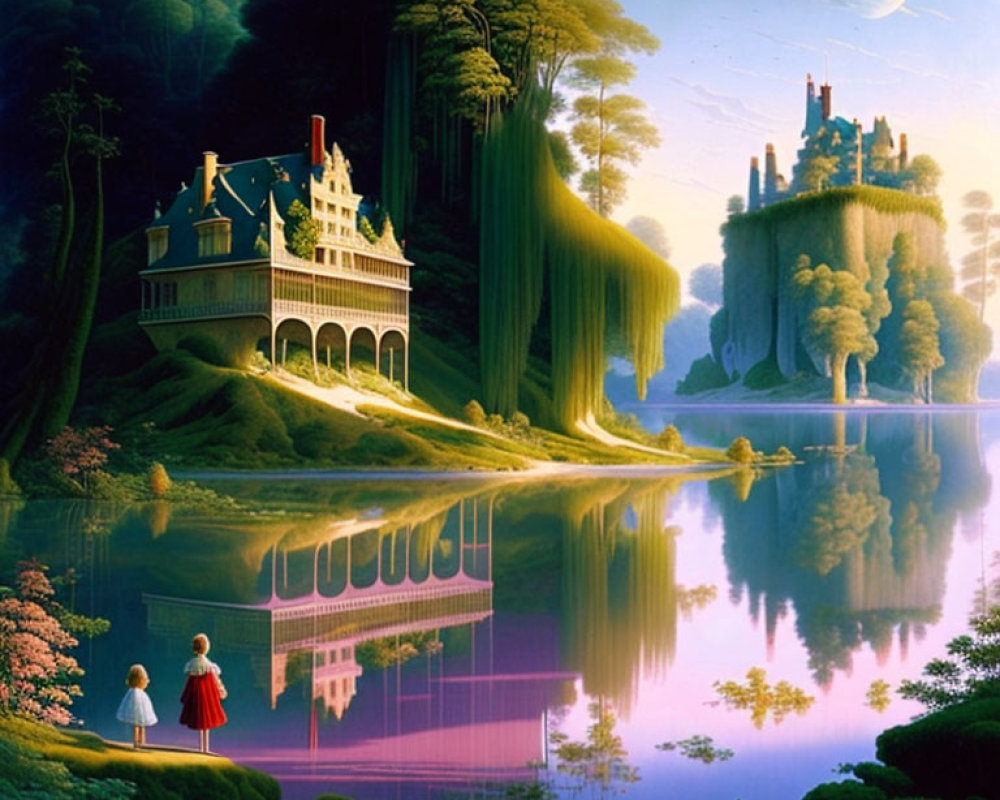 Tranquil fantasy landscape with house, castle, moon, and figures