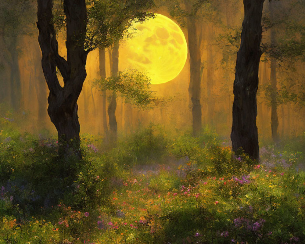 Nighttime Forest Glade with Full Moon, Trees, and Wildflowers