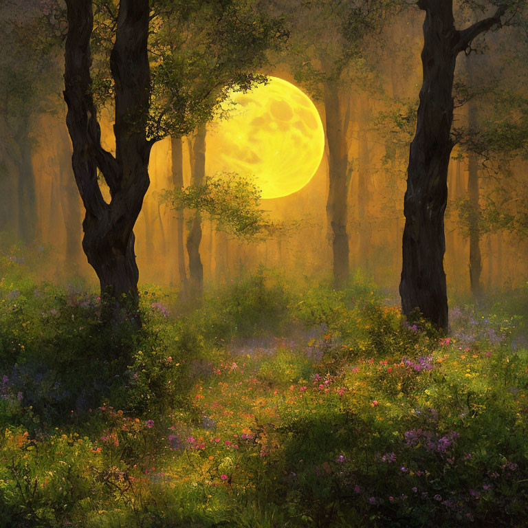 Nighttime Forest Glade with Full Moon, Trees, and Wildflowers