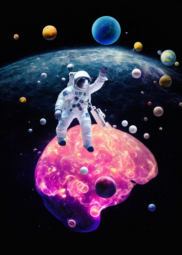 Astronaut floating above vibrant brain-shaped nebula with colorful planets & stars.