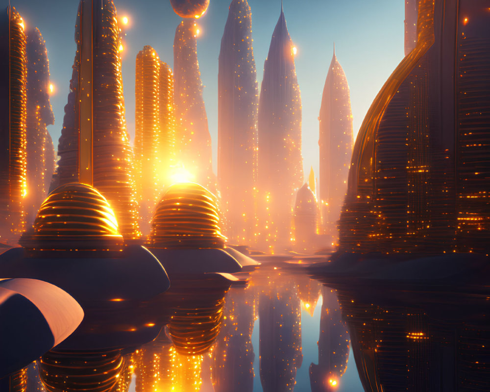 Futuristic cityscape at sunset with glowing towers and alien sky.