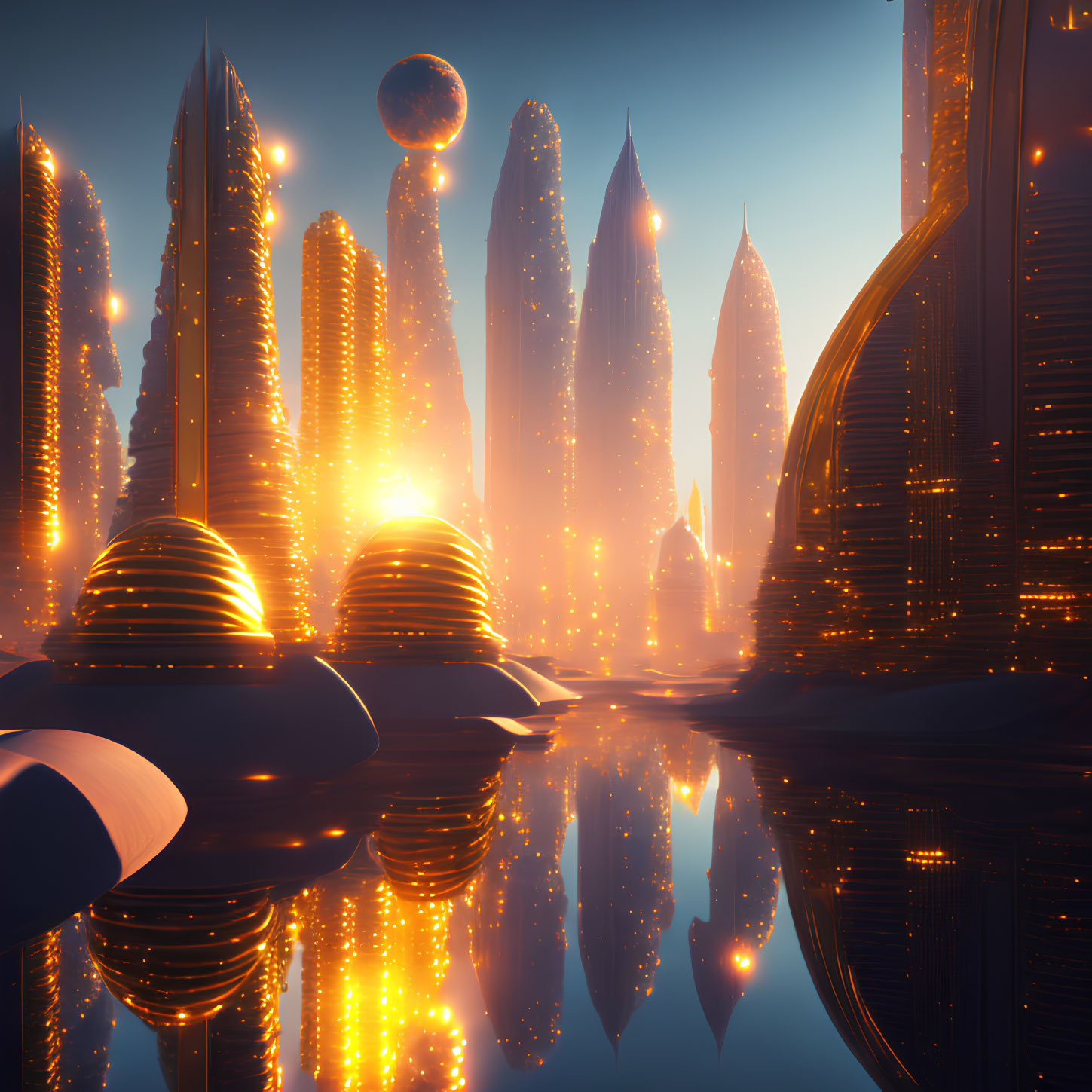 Futuristic cityscape at sunset with glowing towers and alien sky.