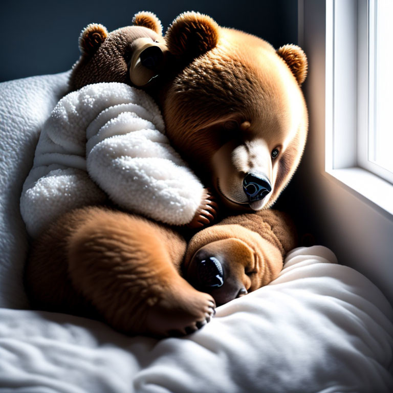 Plush Teddy Bear Hugging Two Smaller Bears by Window