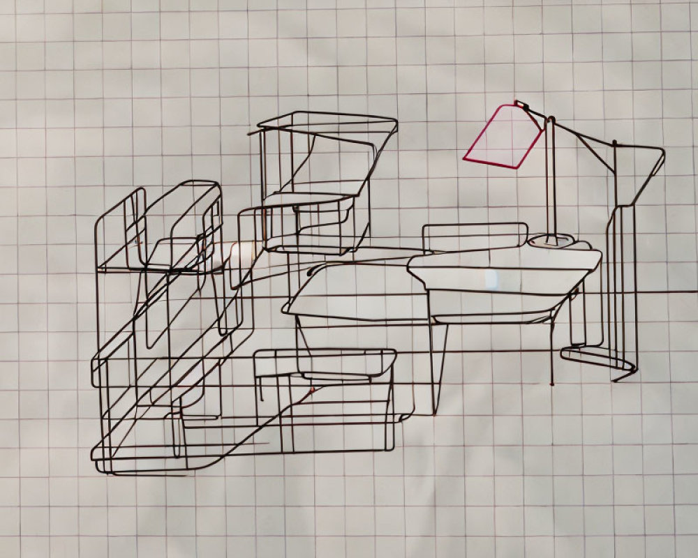 Room interior sketch on grid paper with couch, coffee table, and floor lamp.