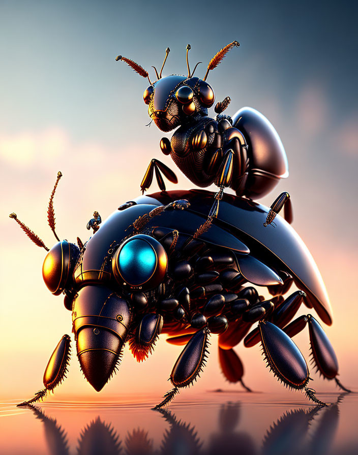 Detailed Stylized Mechanical Insect Art Against Sunset Background