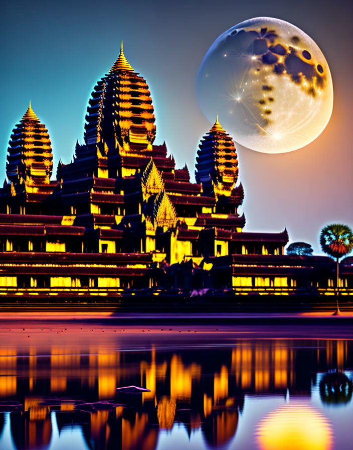 Ornate temple complex and moonlit water scene