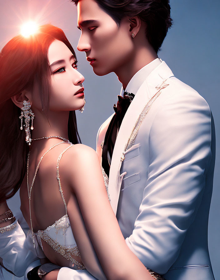 Digital artwork: Couple in white suit and beaded gown gazing intimately