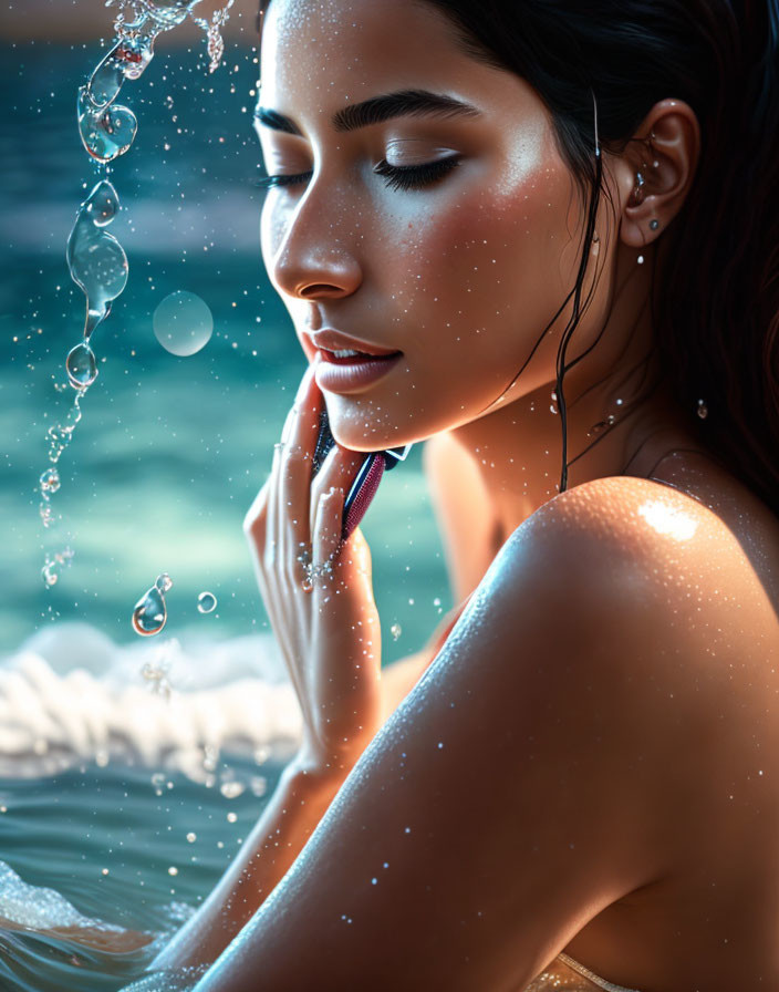 Tranquil woman in water, skin glistening under soft light