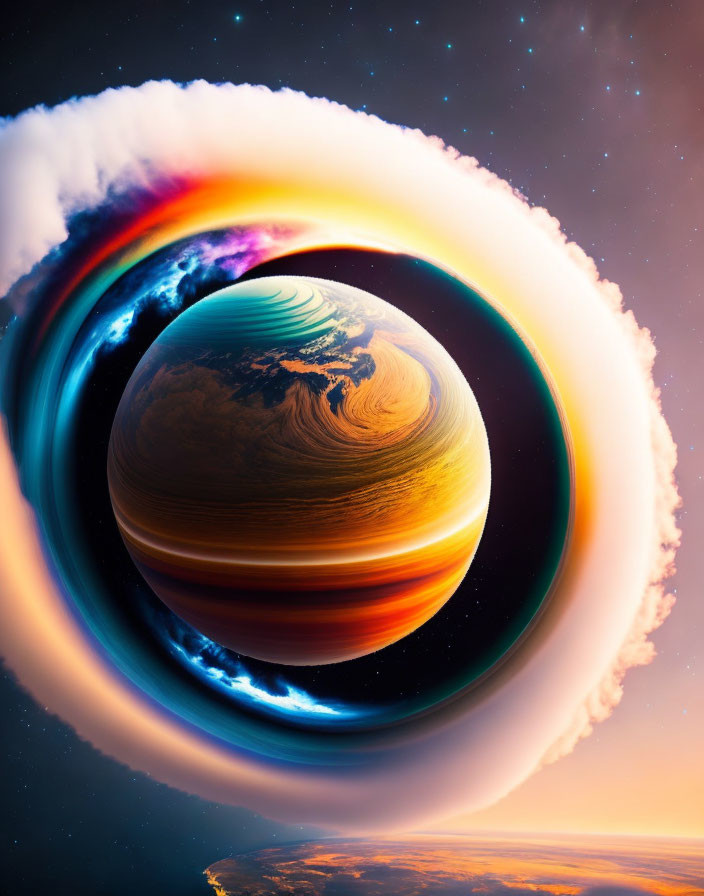 Colorful planet with rings in space scenery.