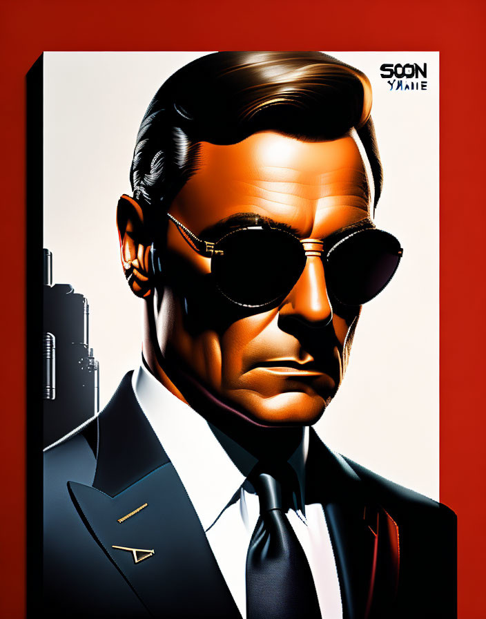 Suave man in suit with sunglasses on red background, city silhouette - secret agent theme