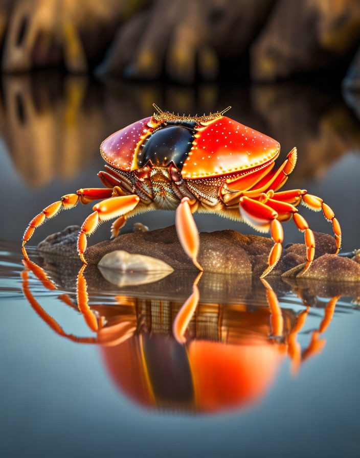 Colorful Spotted Crab with Long Eyestalks on Rock at Golden Hour