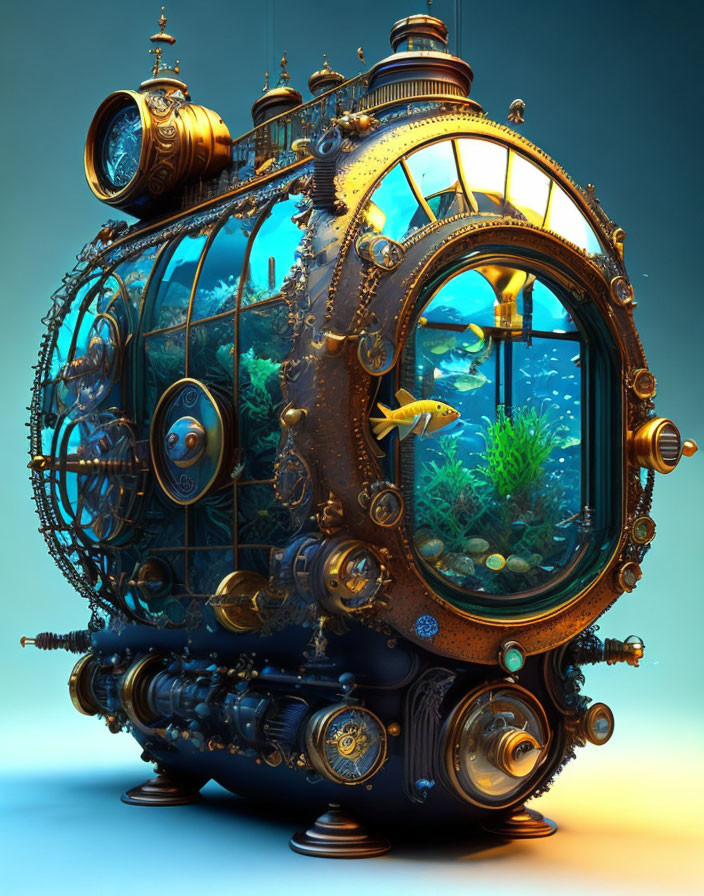 Steampunk Submarine with Large Glass Window and Aquatic Life on Gradient Background