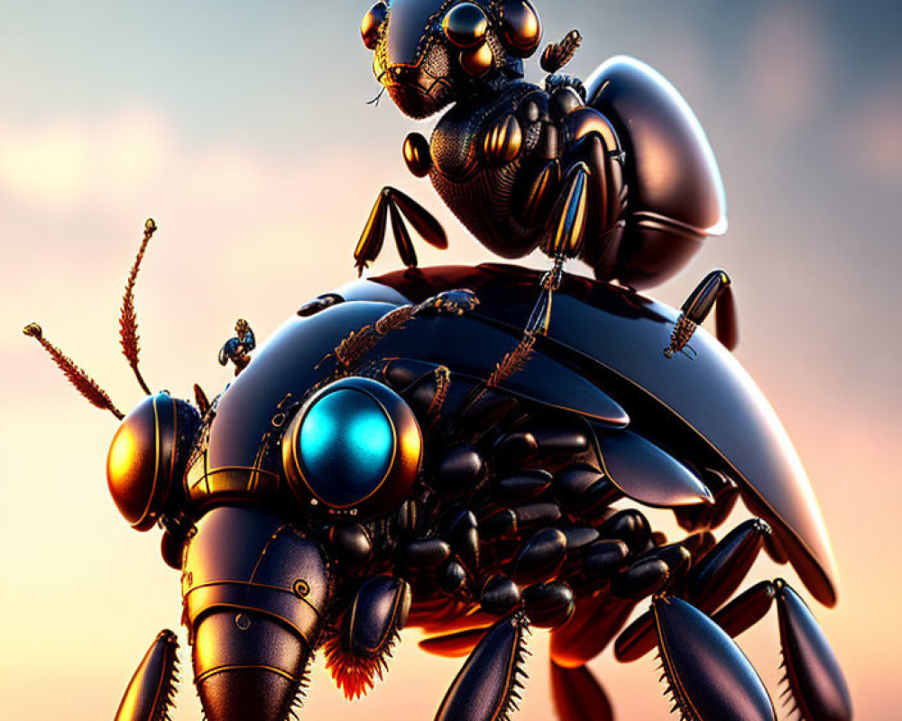 Detailed Stylized Mechanical Insect Art Against Sunset Background