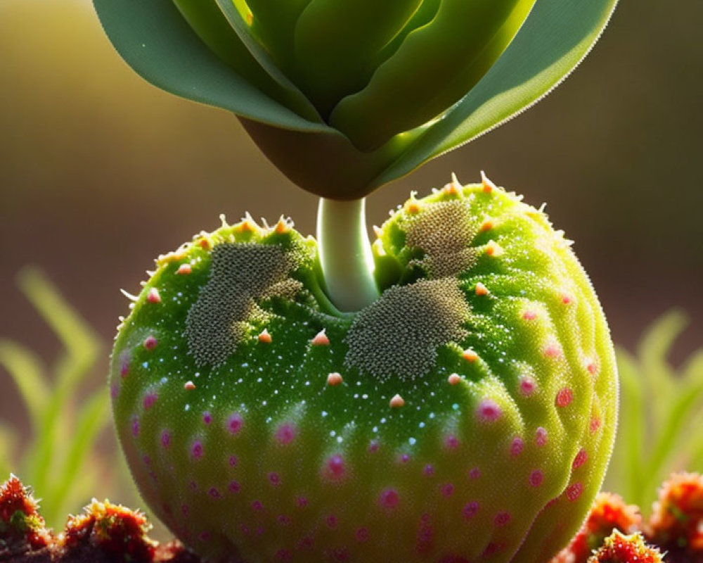 Heart-shaped cactus with succulent plant and blurred background