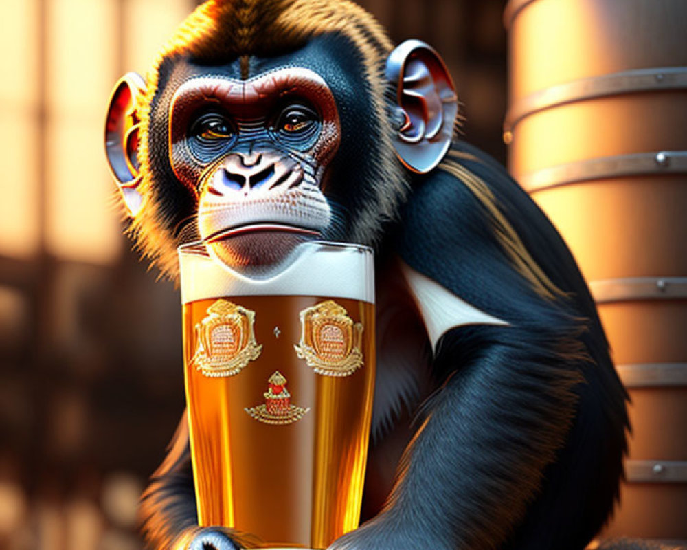 3D-rendered chimpanzee at bar with beer pint and barrels