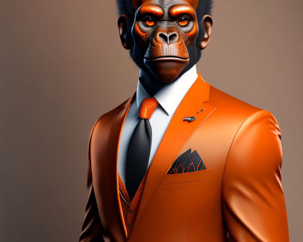 Stylish anthropomorphized gorilla in elegant orange suit