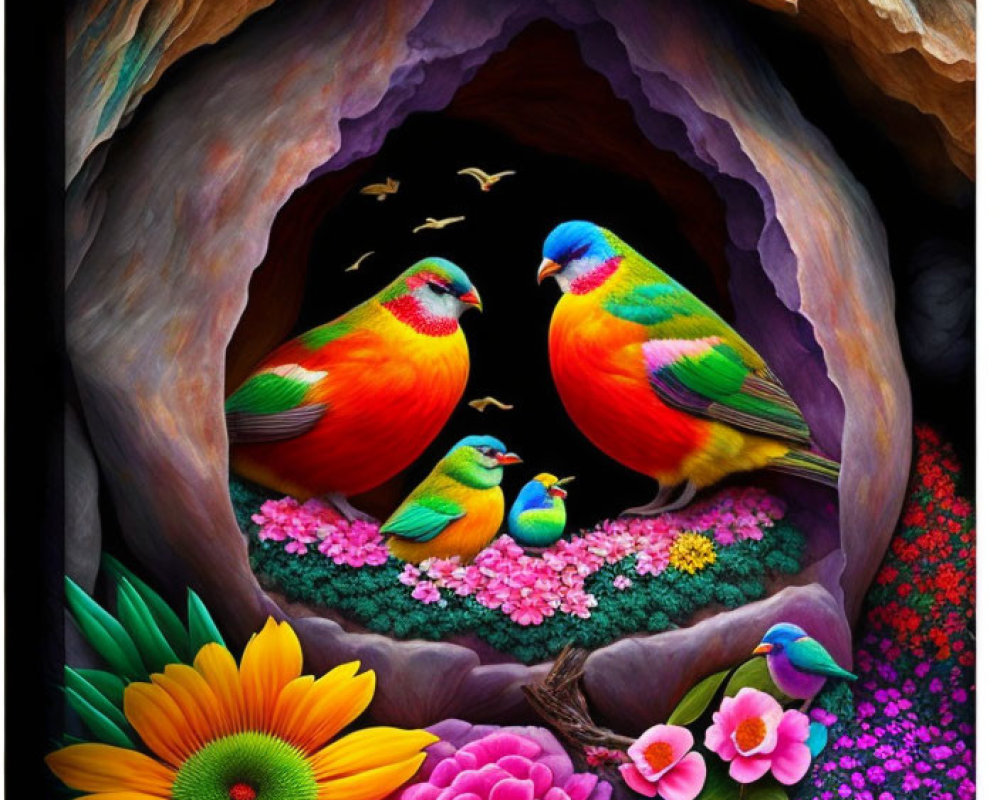 Vibrant birds and flowers in cave painting