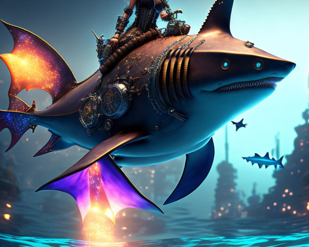 Purple-haired woman rides glowing-finned mechanical shark above ocean with underwater city.