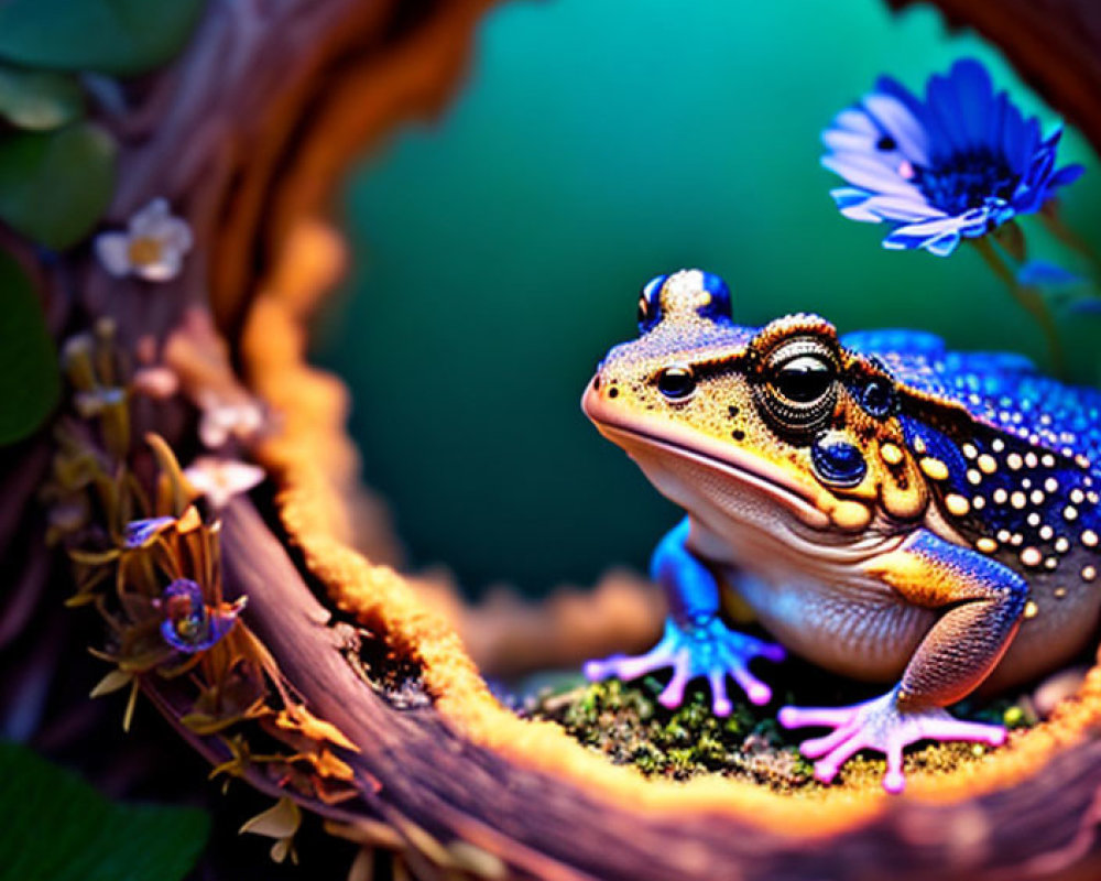 Colorful Frog in Wooden Ring Surrounded by Lush Foliage and Purple Flowers