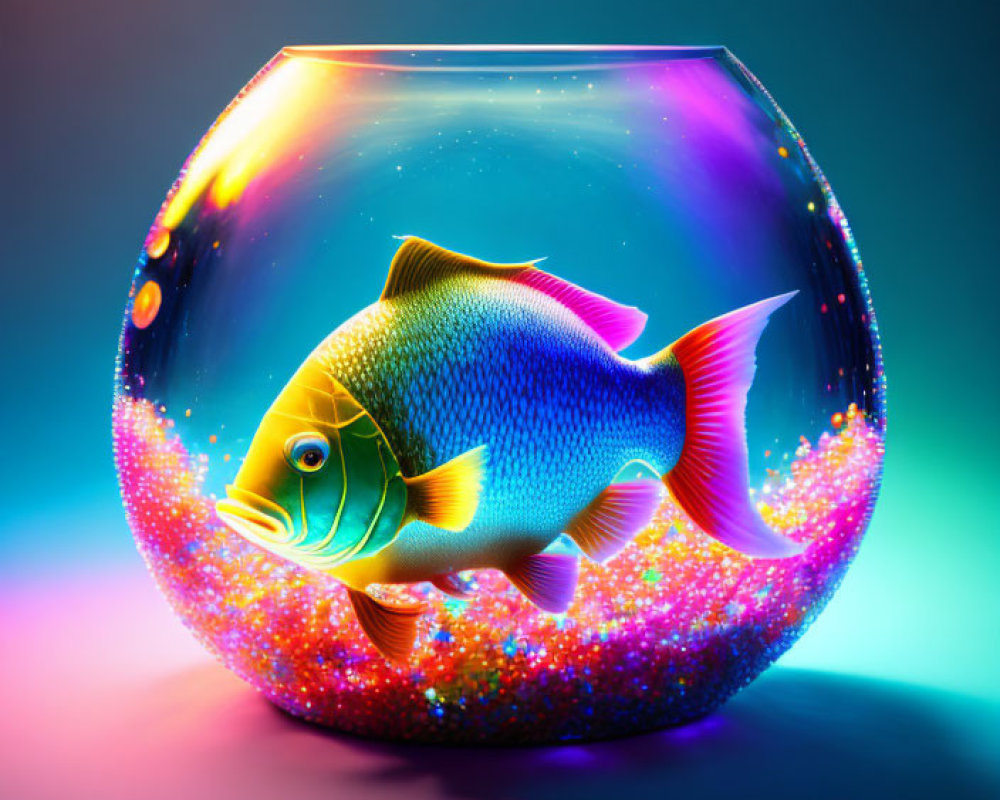 Colorful Fish in Glowing Bowl on Gradient Background