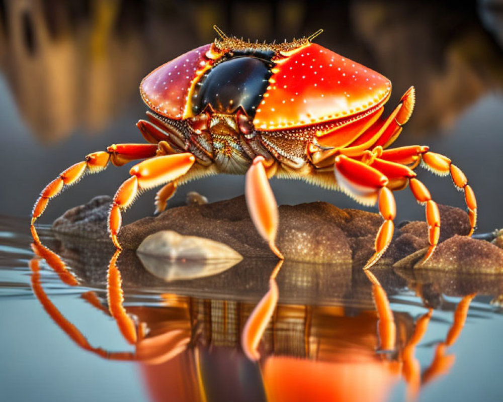 Colorful Spotted Crab with Long Eyestalks on Rock at Golden Hour