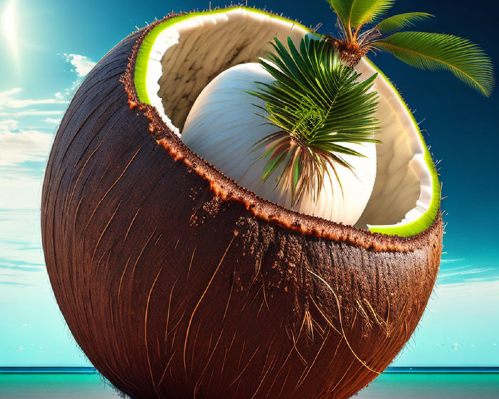 Coconut with beach scene: sand, palm tree, oversized moon