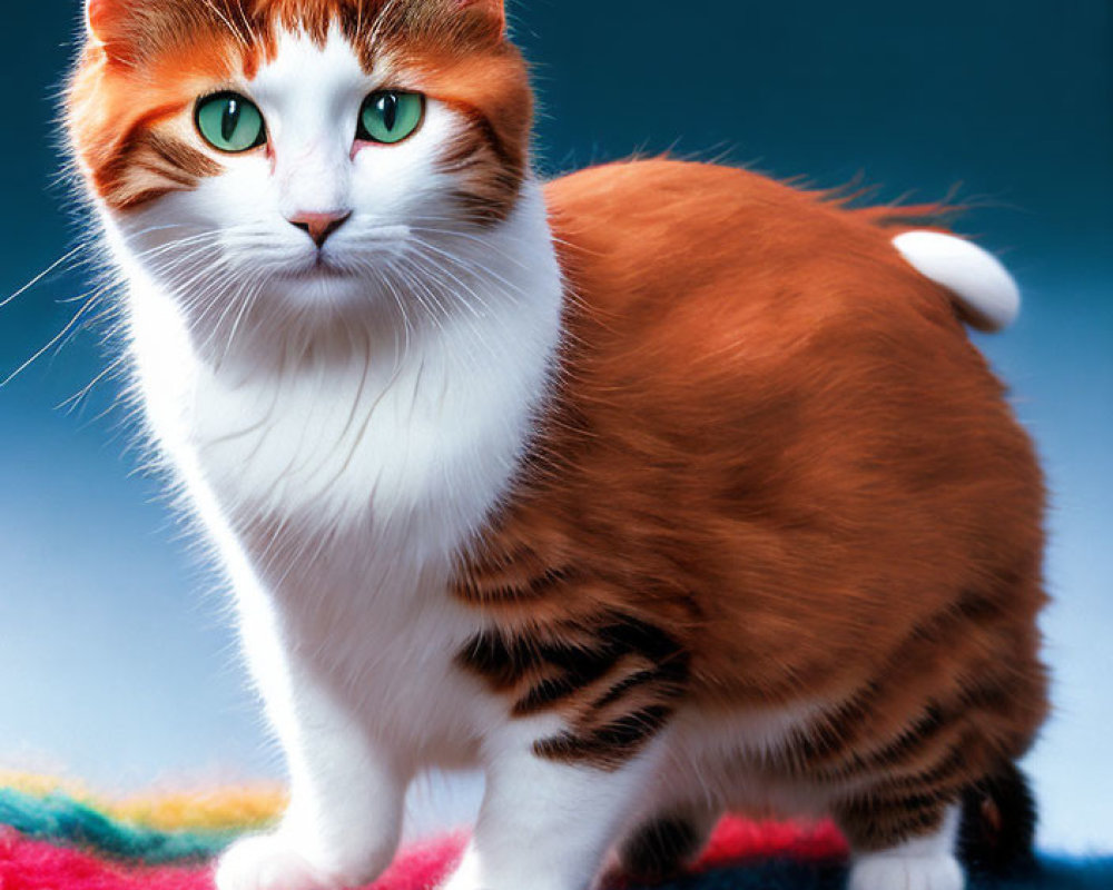 Orange and White Cat with Green Eyes on Colorful Striped Textile