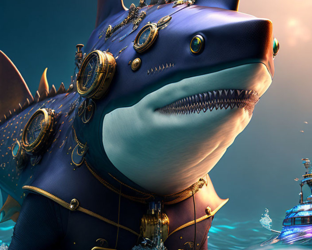 Stylized 3D Shark Illustration with Steampunk Accessories