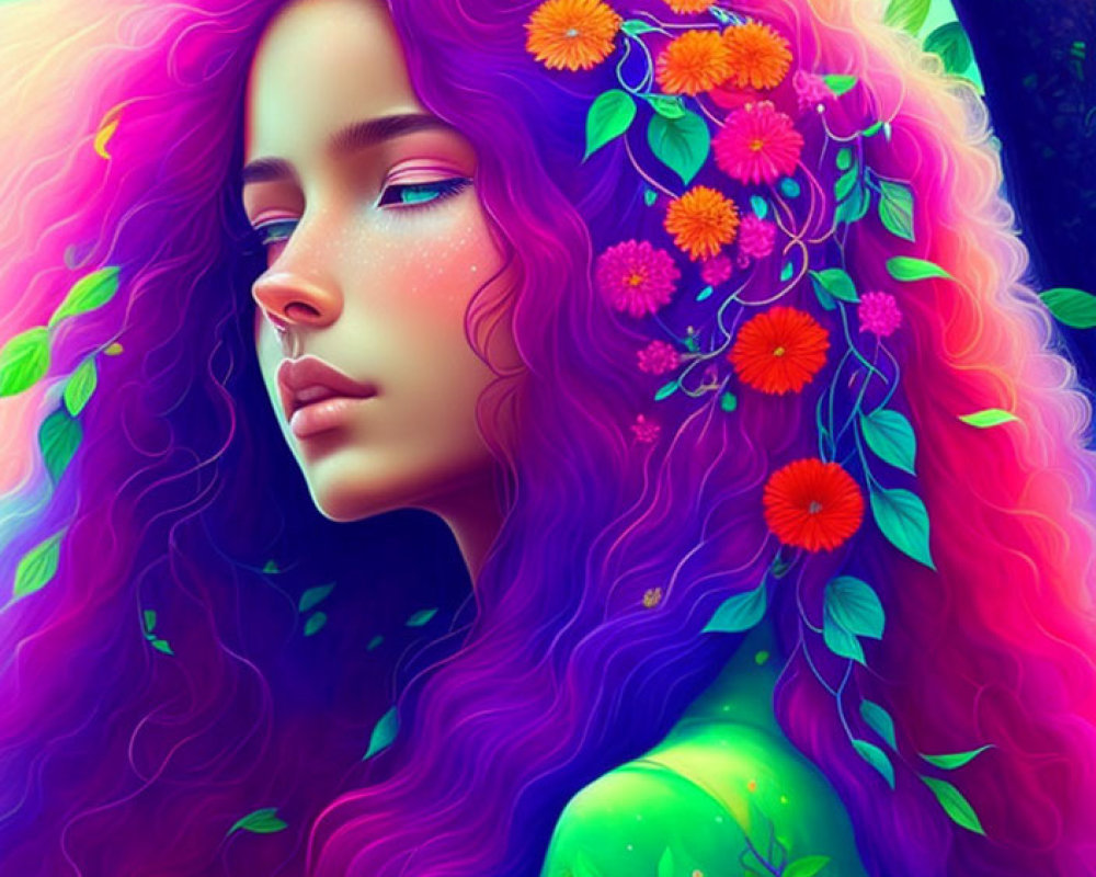 Colorful illustration: Woman with purple hair, flowers, leaves, blending with tree.